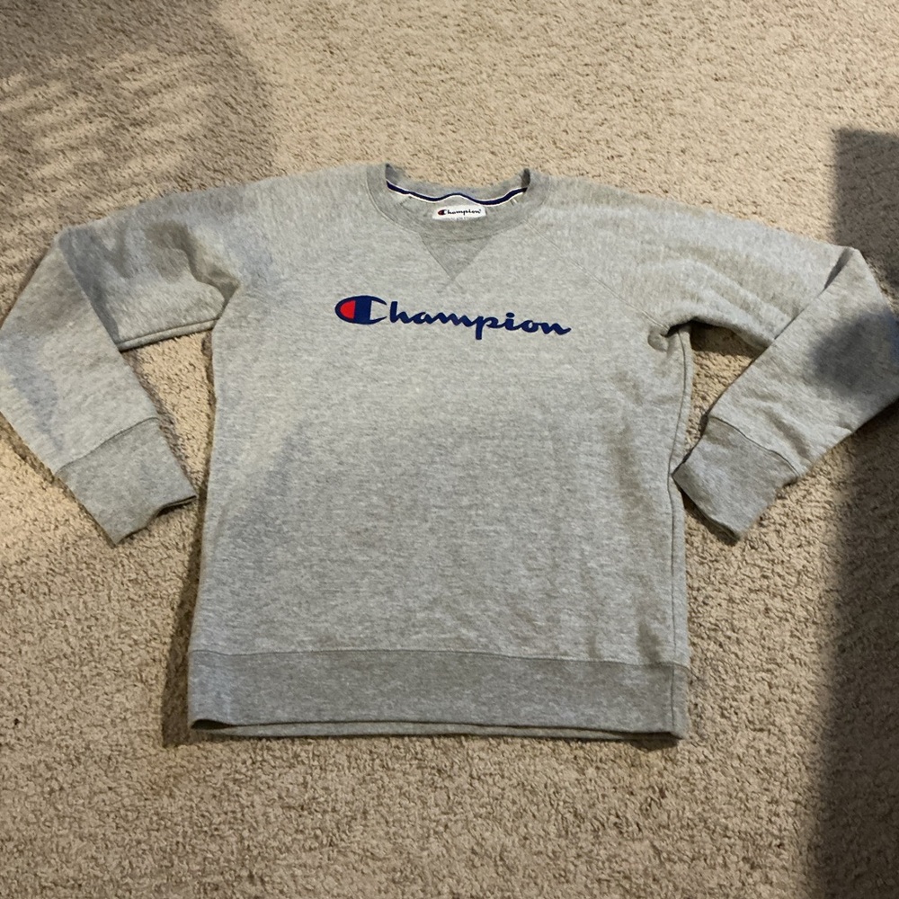 Champion Script Logo Sweatshirt Gray Spellout Classic XS Vintage Inspired Comfy